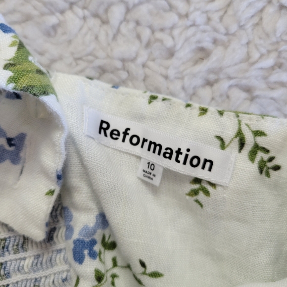 Reformation Tagliatelle Midi Dress Women's 10 Linen Smocked Floral White - Picture 9 of 15